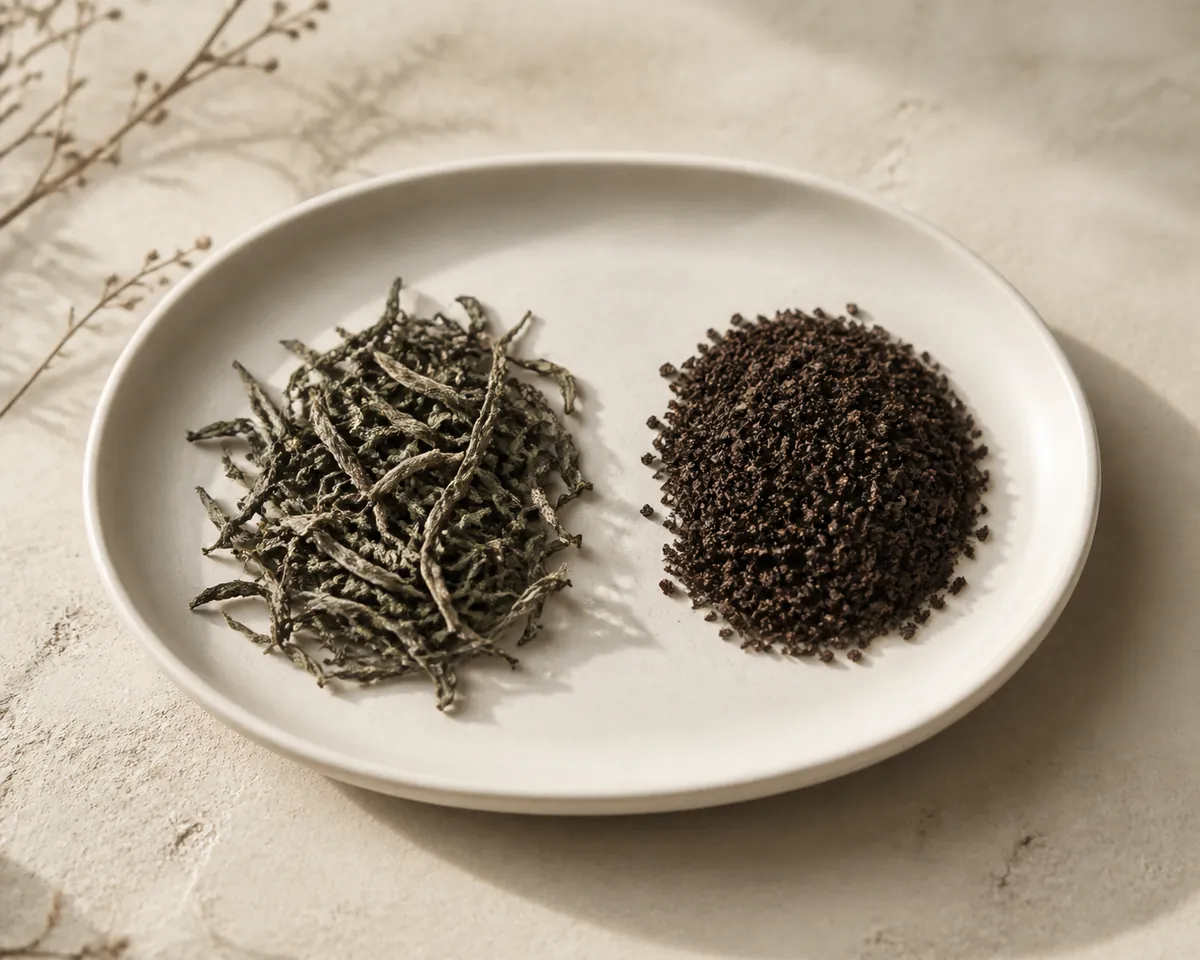 A white tray divided into two heaps of dry tea, the left long twisted leaf with pale silver tips and the right uniform small dark particles