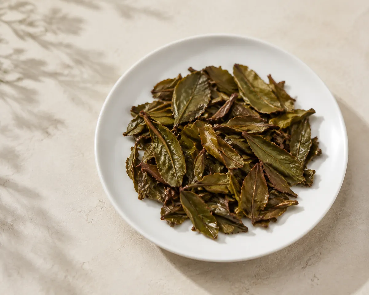 Spent tea leaves spread on a white dish, olive green at the edges and centre with only the bruised rims turned coppery brown