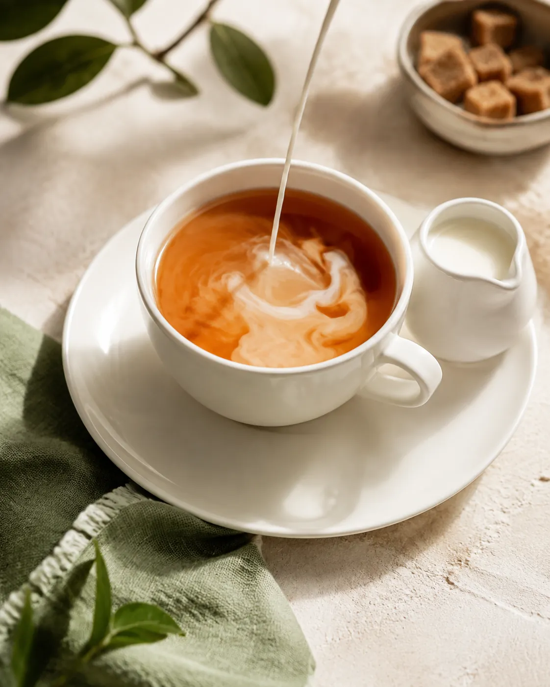 A white cup of pale amber tea with a thin ribbon of milk clouding through it, a small milk jug standing beside the cup