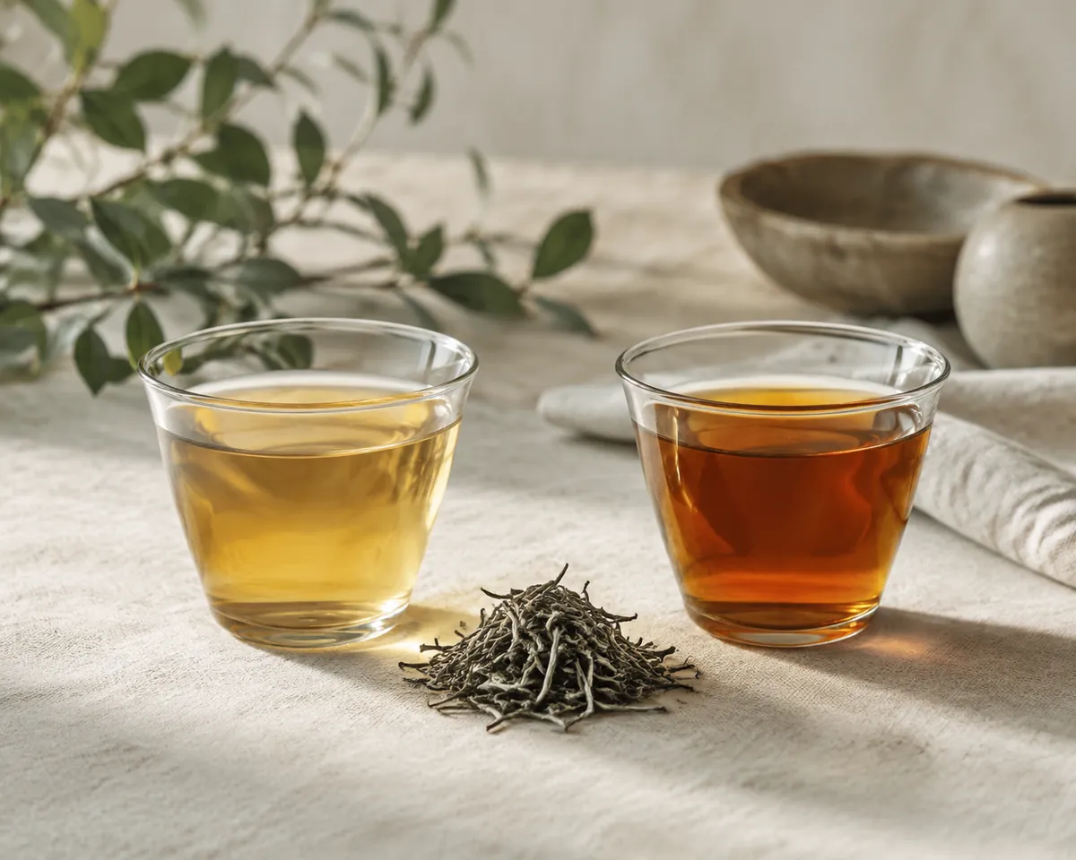 Two glass cups of Darjeeling side by side, one pale straw gold and one clear coppery amber, beside a heap of wiry silver-tipped leaf