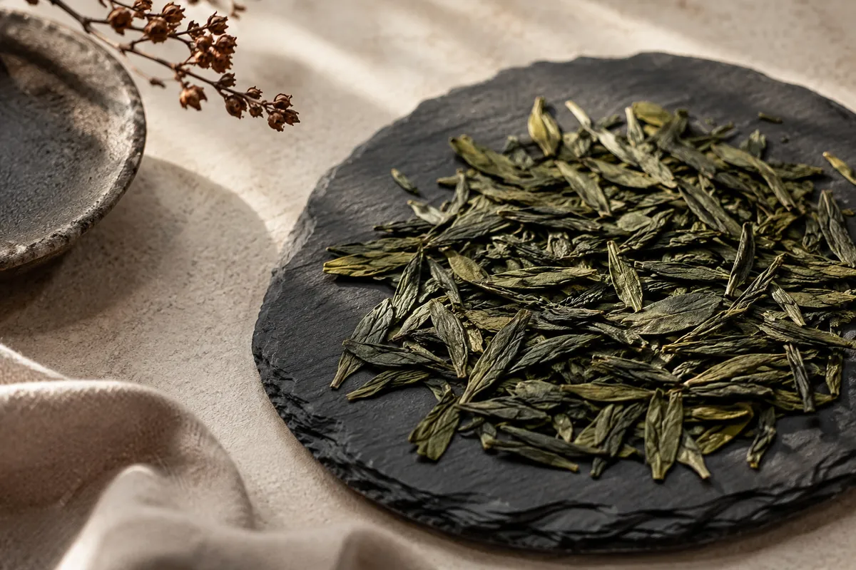 A close overhead view of flat jade green blade-shaped tea leaves on dark slate, smooth and slightly glossy with pale stems visible