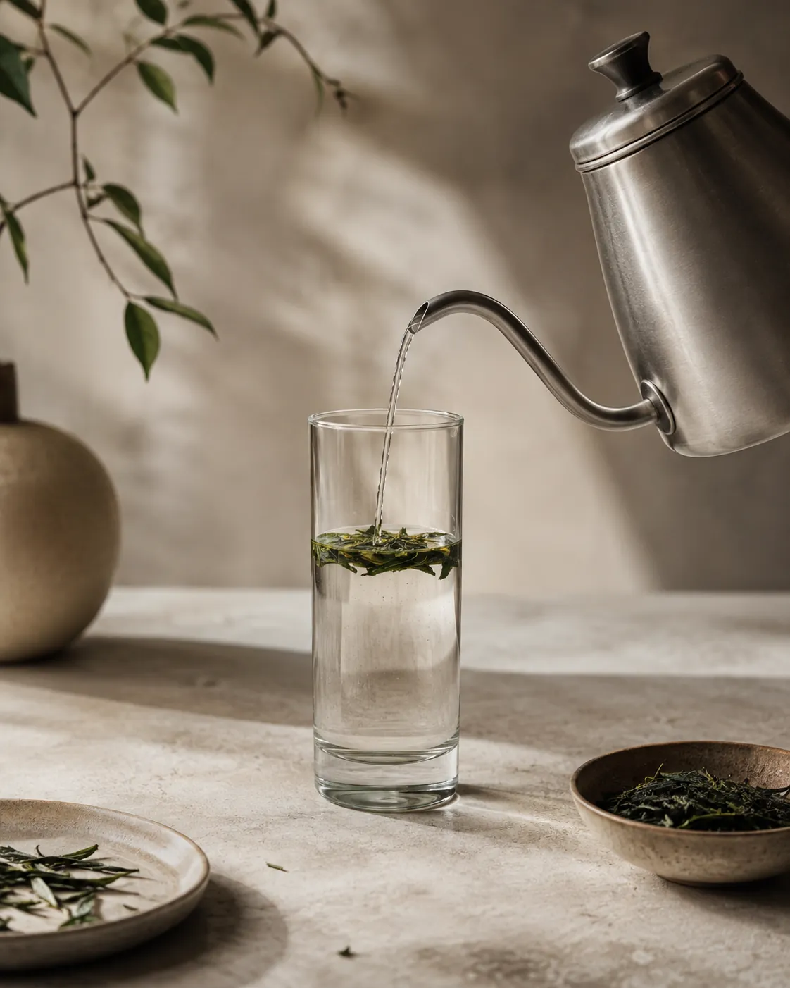A thin stream of hot water falling from a gooseneck kettle into a tall glass already half filled with water and floating flat green leaves
