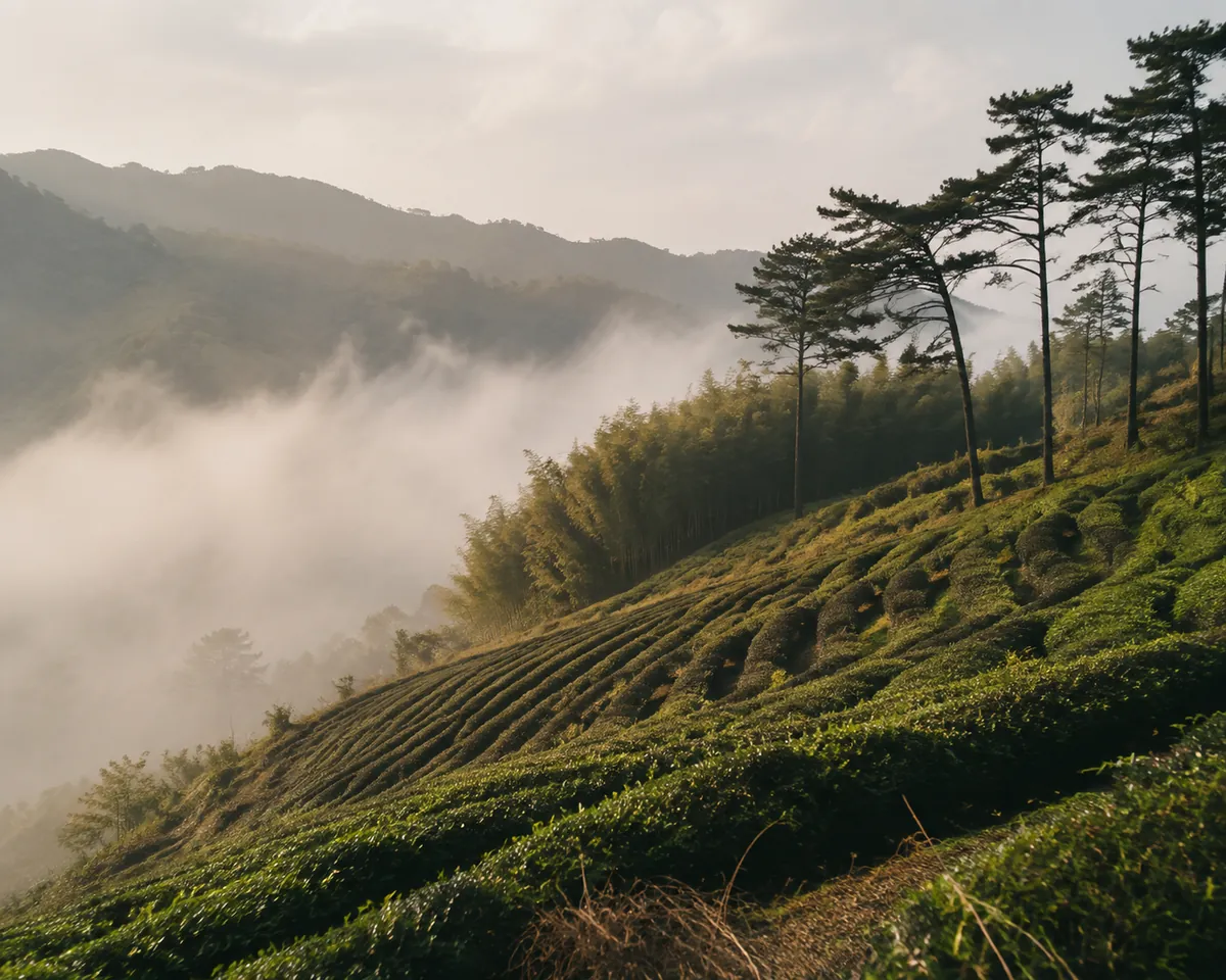 Terraced rows of low tea bushes on a misty green hillside with bamboo and pine standing above them, soft overcast light