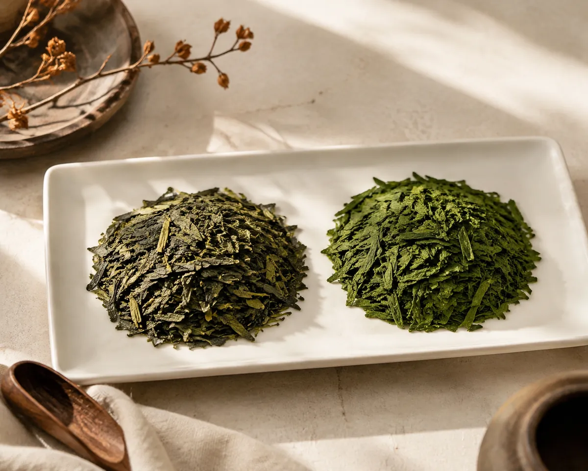 Two heaps of flat green tea side by side on a white tray, one uneven and jade-toned with pale stems and the other unnaturally uniform and vivid green