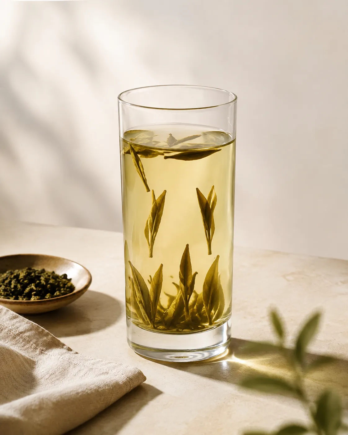 A tall clear glass of pale yellow-green tea with flat leaves suspended through it, some standing upright and some settled at the bottom