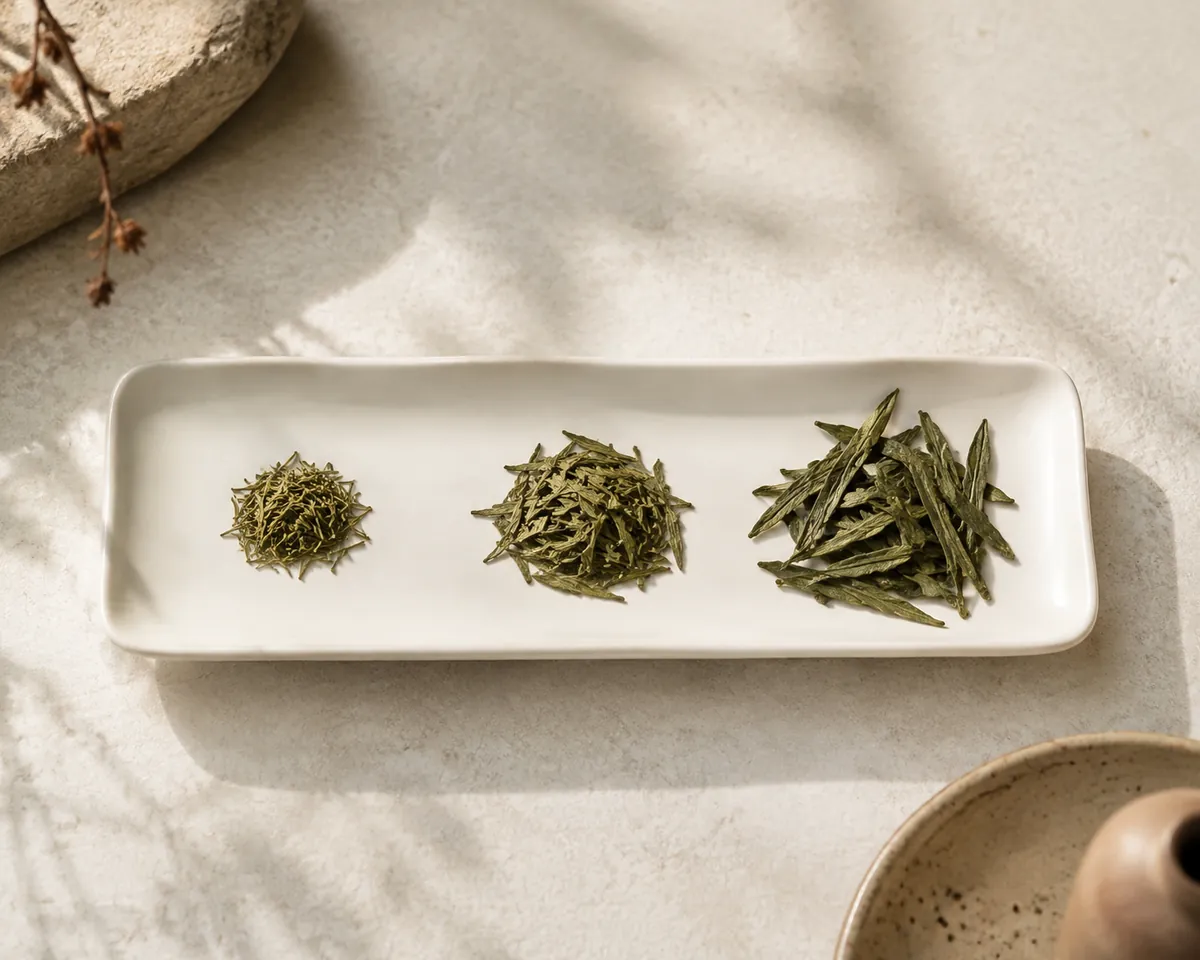 Three small heaps of dry flat green tea on a white tray, the leaves increasing in size from tiny buds on the left to larger blades on the right