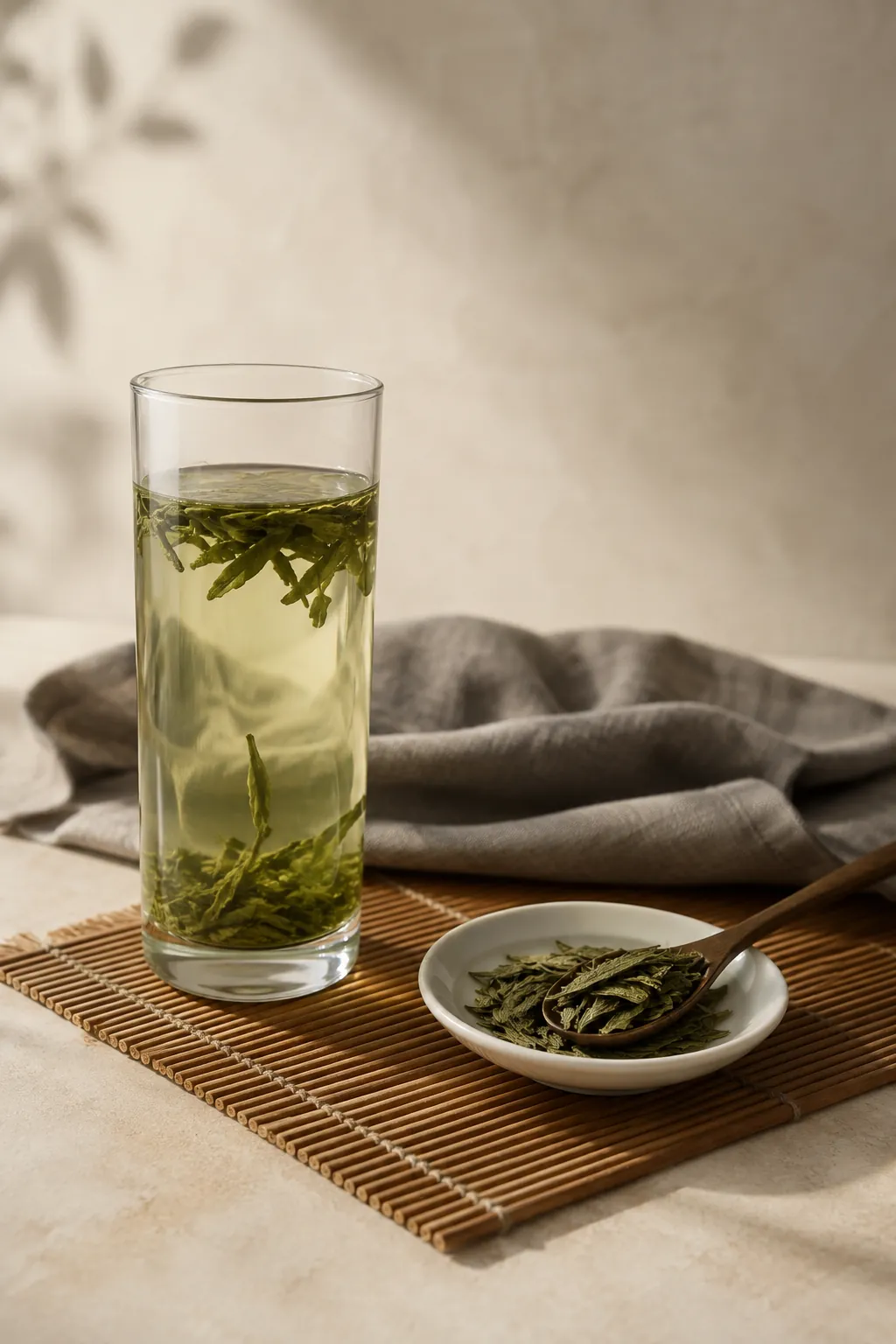 A tall glass of clear pale green tea beside a small white dish of flat dry leaf on a bamboo mat