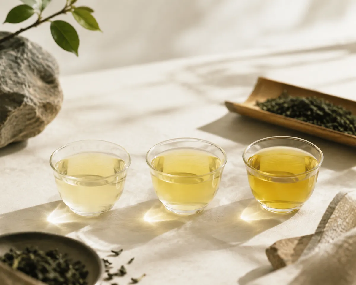 Three small glass cups of the same tea in a row, the liquor deepening slightly from pale to fuller yellow-green across the set
