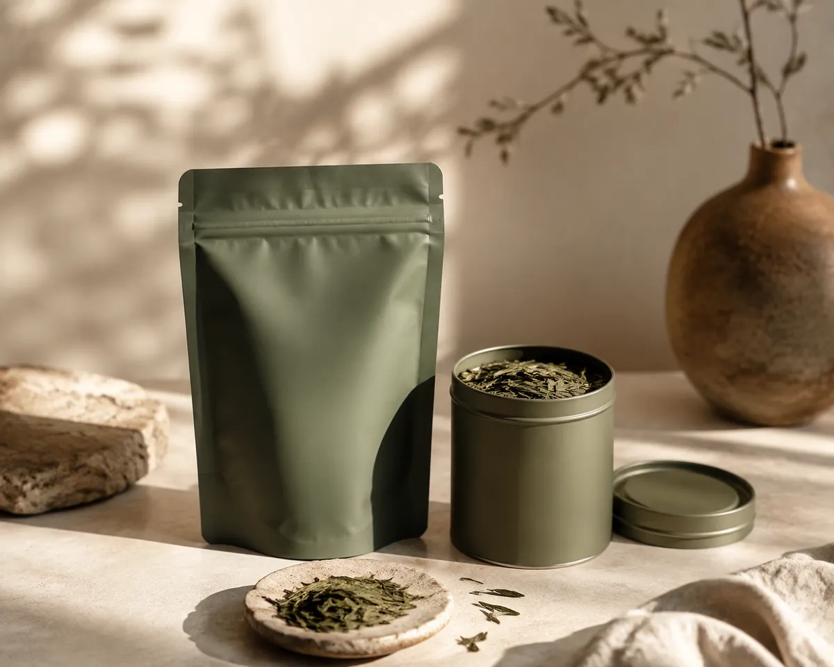 A sealed foil pouch and a small airtight tin of flat green tea standing on a cool shelf in low light