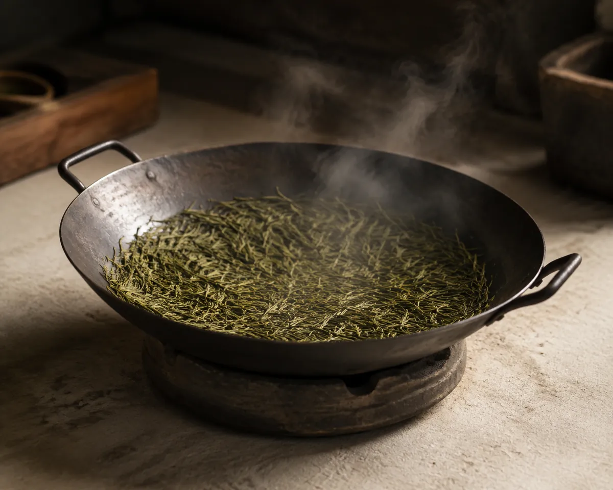 A wide shallow steel wok of pale green tea leaf on a low heat, the leaf pressed in a thin layer up the sloping side of the pan