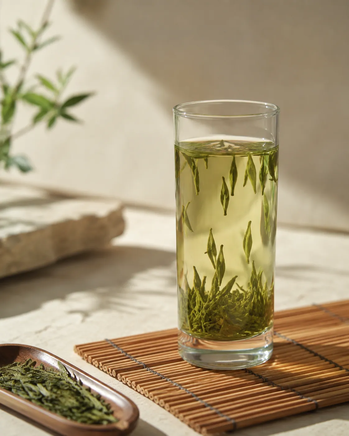 Flat sword-shaped jade green Dragon Well leaves standing and sinking in a tall clear glass of pale yellow-green tea