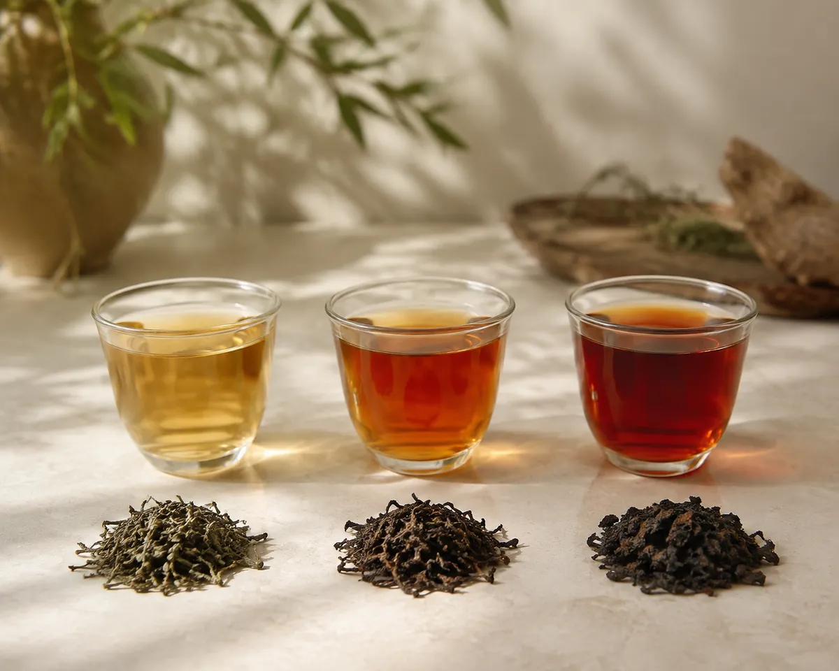 Three glass cups of brewed tea in a row, from pale gold through amber to deep red-brown, each with dry leaf of a different grade beside it