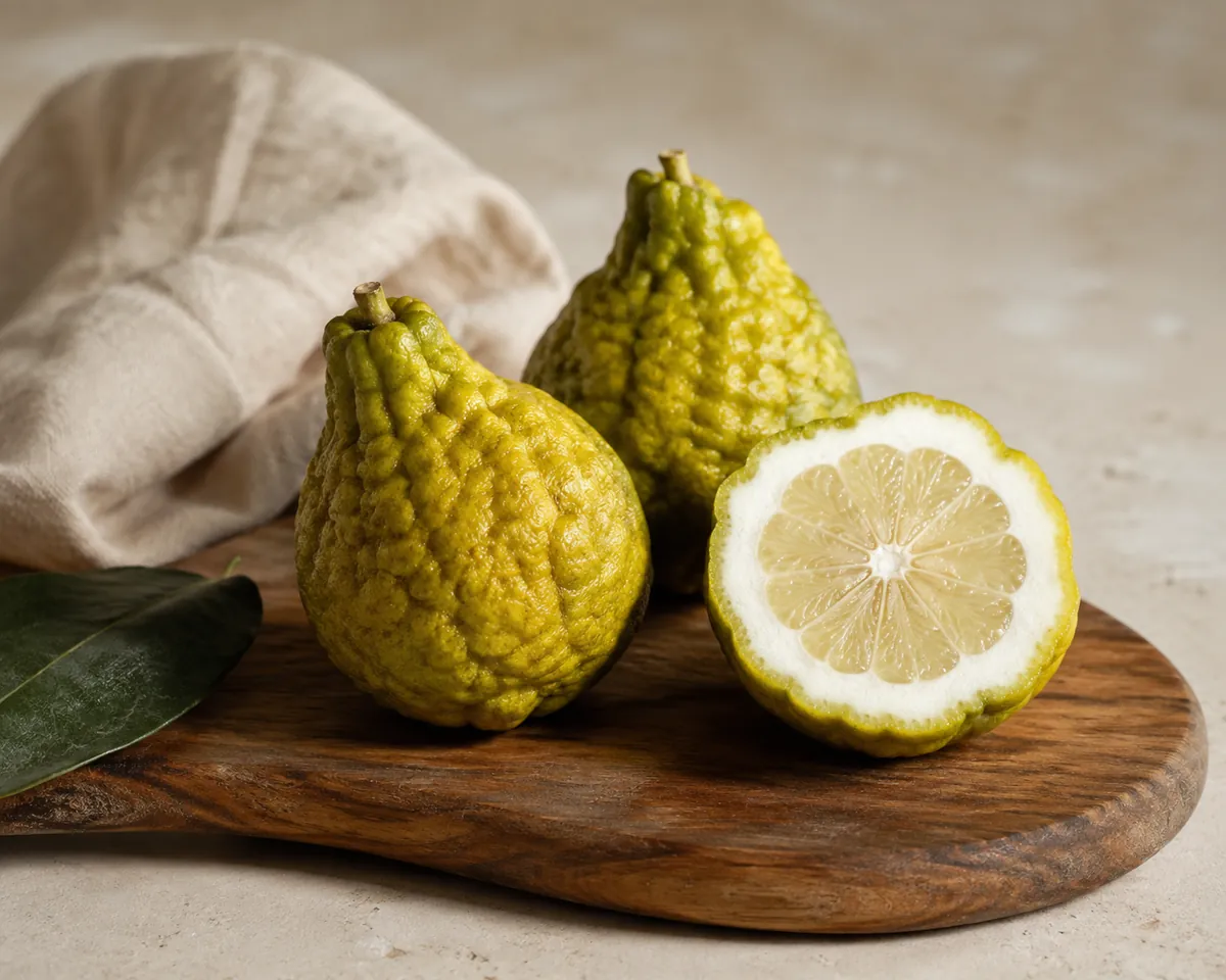 Two whole knobbly yellow-green bergamot fruits on a wooden board, one cut open to show pale segments and a thick rind