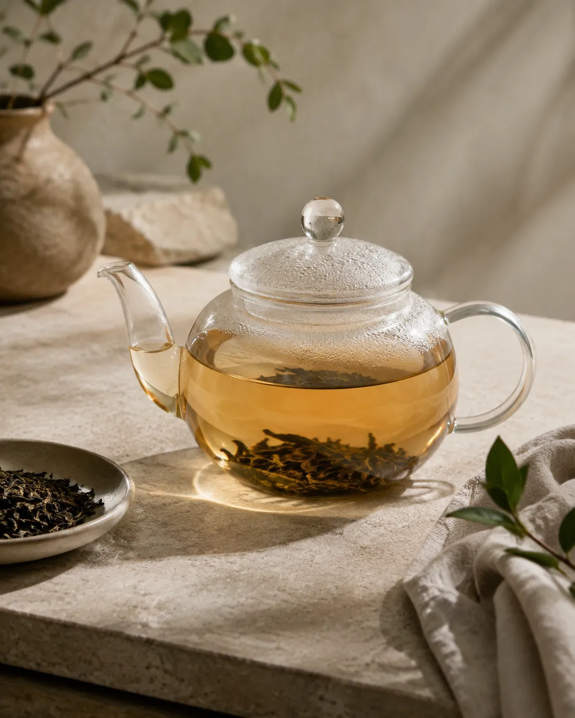 A glass teapot of pale amber tea with a lid resting on it, dark leaf settled at the bottom, steam collected in a fine mist under the glass