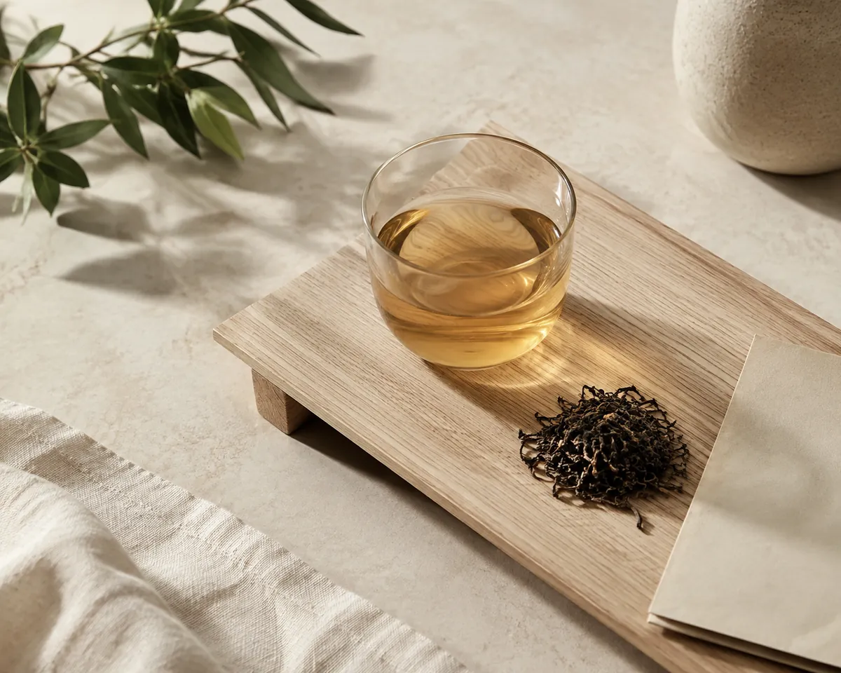 A clear glass cup of pale amber tea beside a small mound of dry dark leaf and a folded paper on a pale bench
