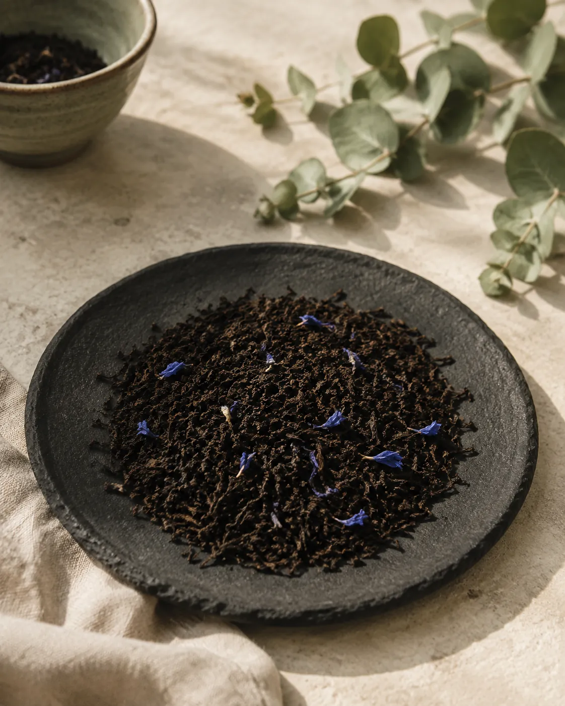 A close overhead view of dry Earl Grey leaf on dark slate, uniform dark broken pieces with a few blue cornflower petals scattered through them