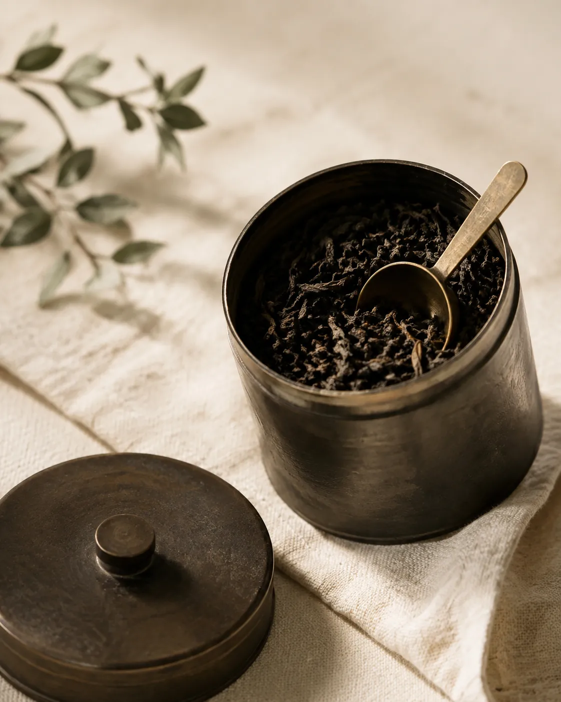 An open metal caddy of dry Earl Grey leaf with a small brass scoop resting in it on a pale linen cloth