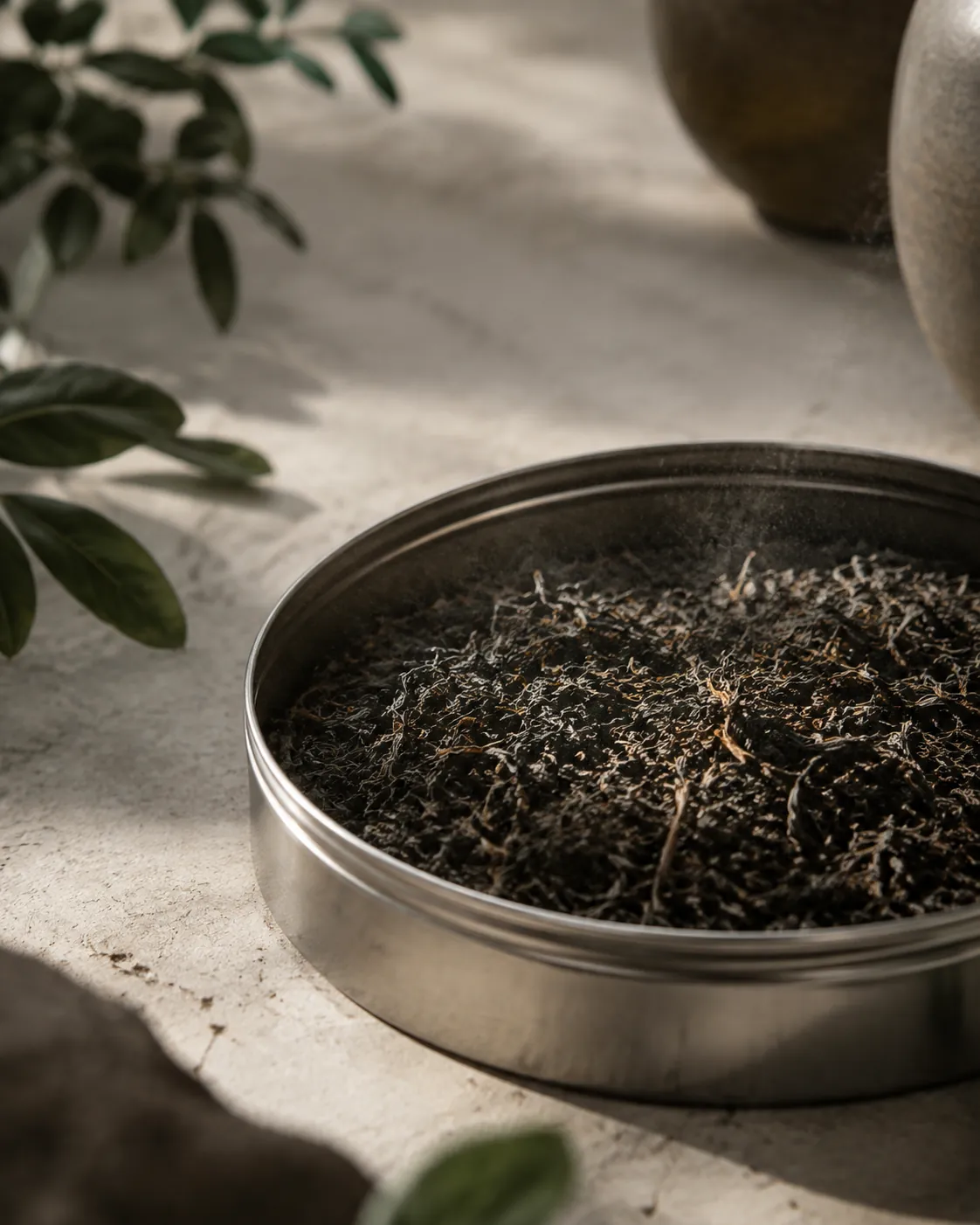 Dark dry black tea leaf in a shallow steel drum with a fine mist of pale oil settling over it