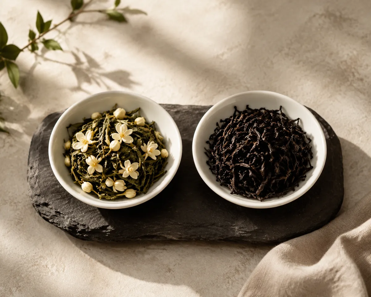 Two shallow dishes side by side, one of pale green leaf layered with white jasmine blossom and one of dark black leaf glistening faintly with oil