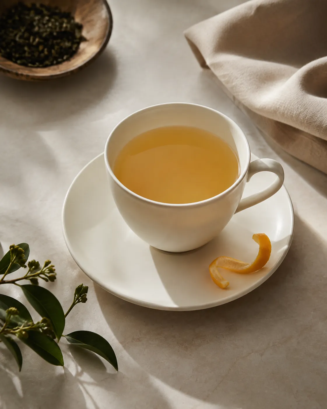 A thin white porcelain cup of clear pale amber tea on a saucer, a strip of citrus peel resting on the saucer edge