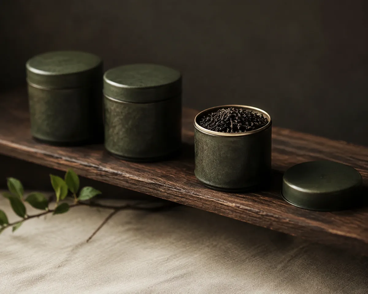 A small airtight tin of dark tea leaf with its lid off, standing on a shelf beside two other closed tins in dim light