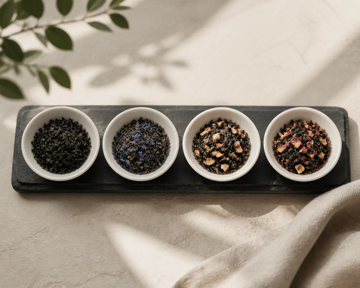 Four small dishes of dry tea in a row, one plain dark leaf, one with blue petals, one with orange peel and one with red and yellow flower petals