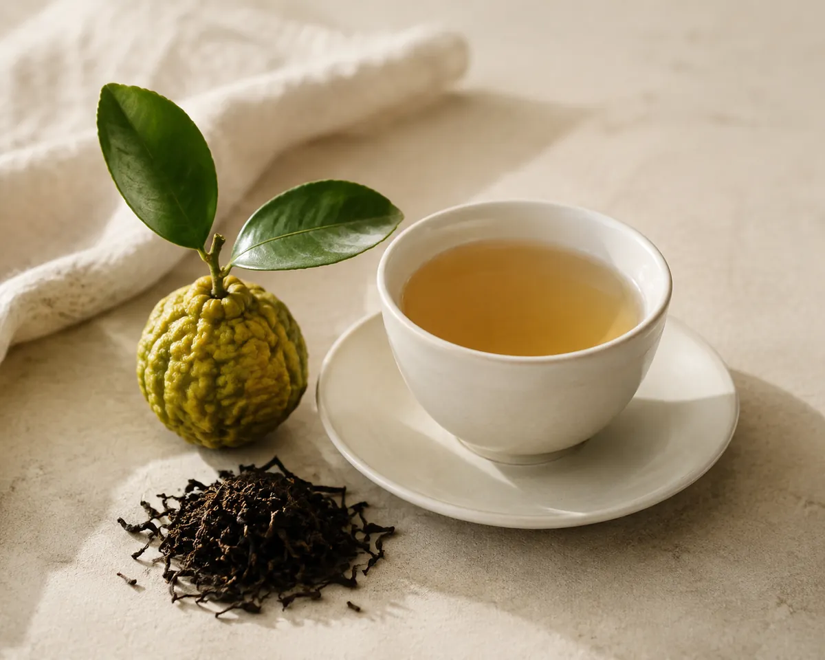 A white cup of pale amber Earl Grey beside a whole yellow-green bergamot fruit and a small heap of dry black leaf