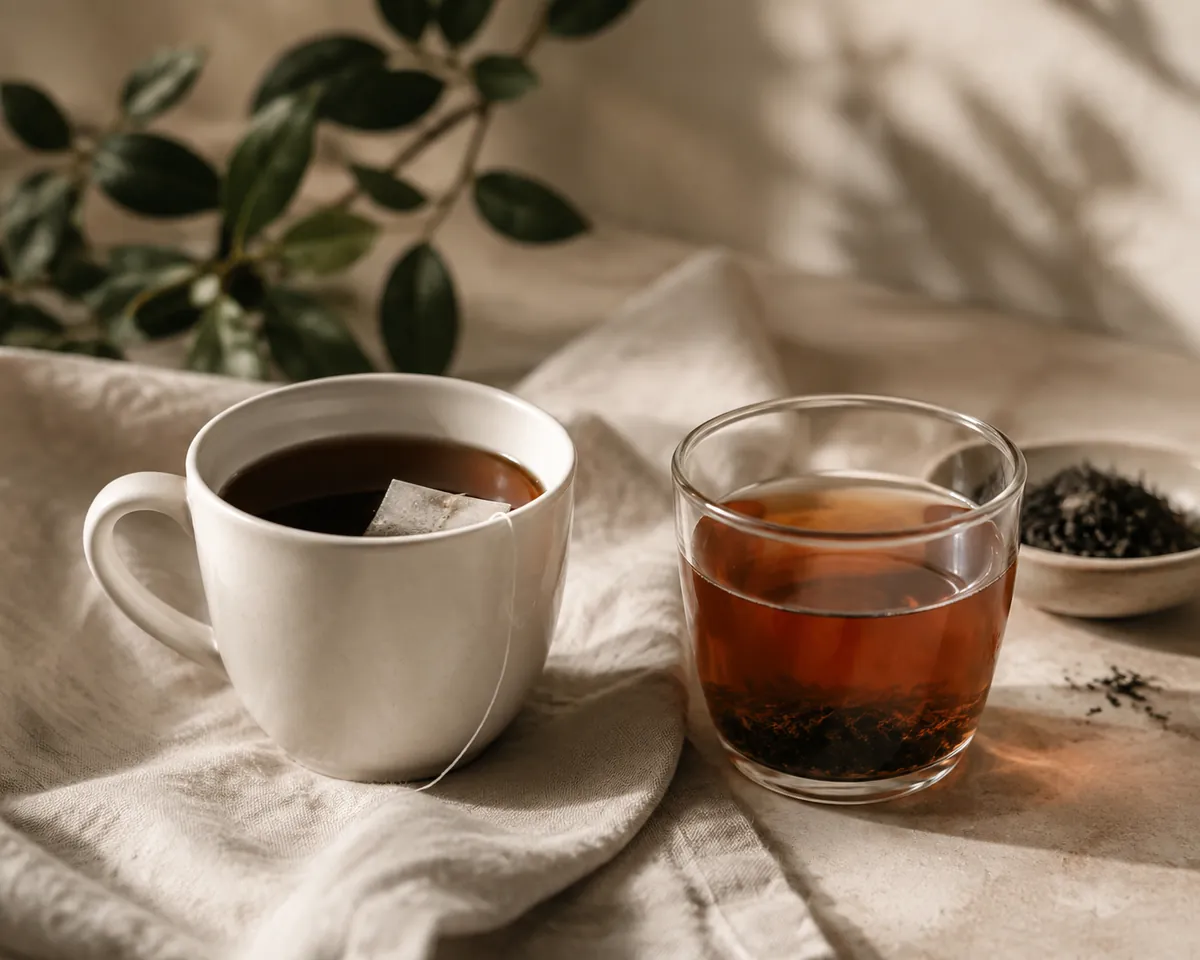 A plain paper tea bag steeping in a white mug of very dark liquor beside a glass cup of amber tea with loose leaf settled at the bottom