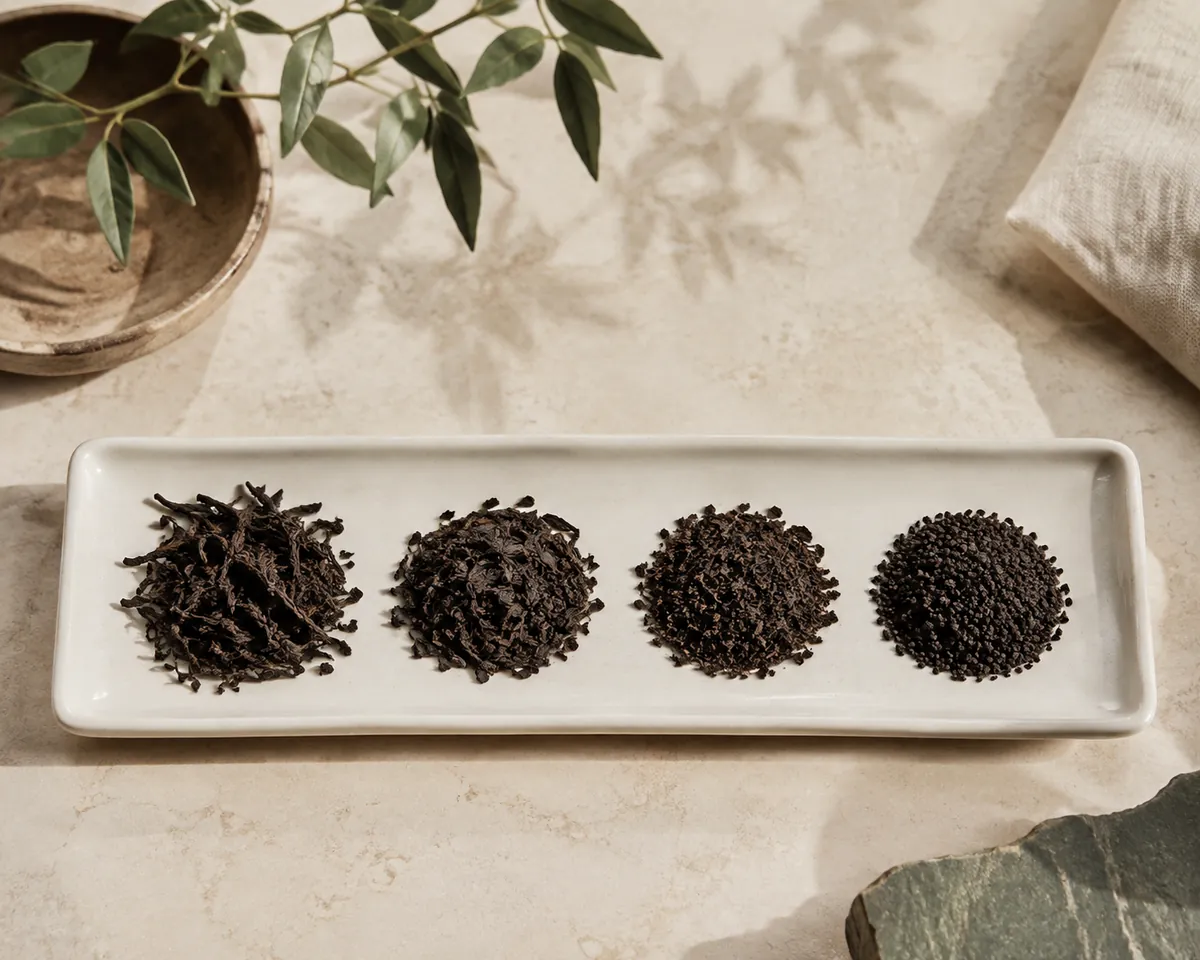 Four separate heaps of dry black tea leaf on a white tray, ranging from long twisted leaf to small uniform dark granules