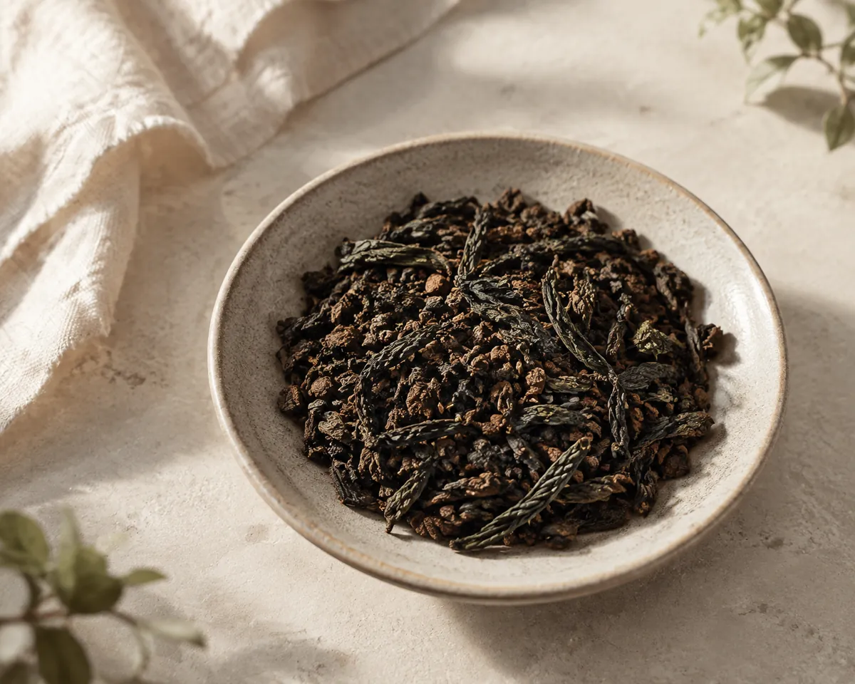 A close overhead view of dry breakfast blend leaf on dark slate, small dark broken pieces with a few longer twisted leaves among them