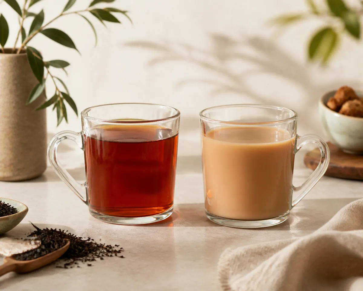 Two glass cups side by side, one holding deep red-amber tea brewed plain and the other the same tea clouded pale by milk