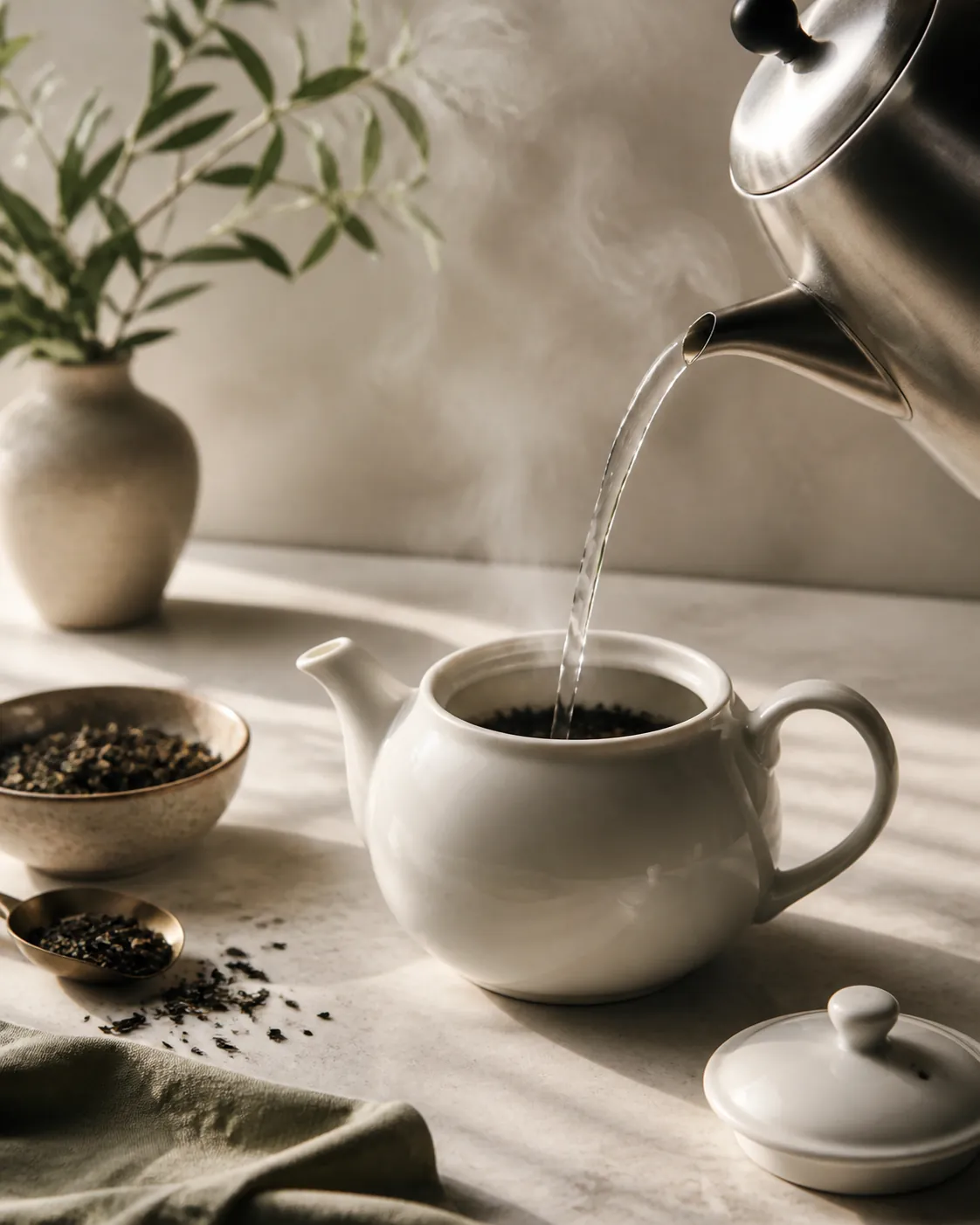 Boiling water pouring from a kettle into a warmed white teapot half full of dark broken tea leaf, with steam rising
