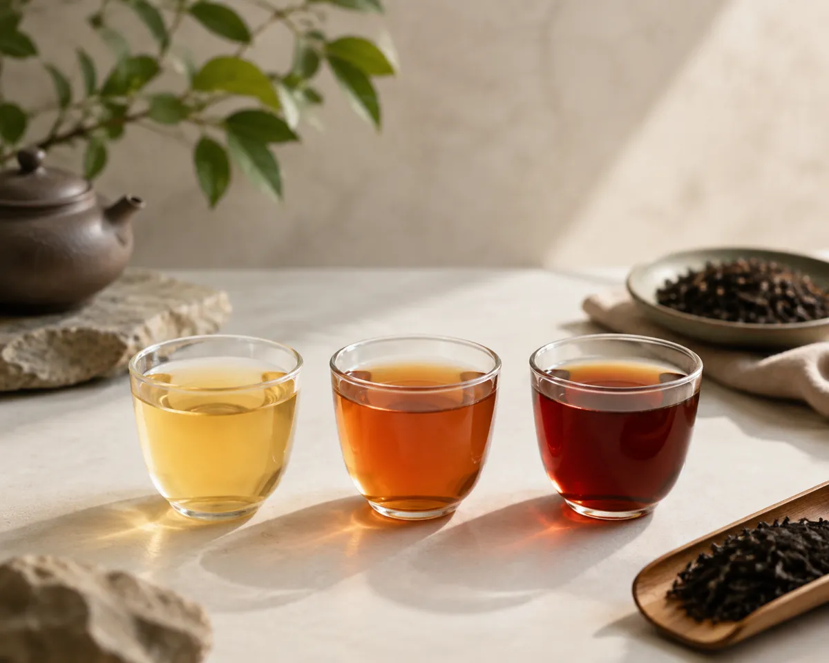Three identical glass cups of the same tea brewed for different lengths of time, running from pale gold through amber to almost opaque red-brown