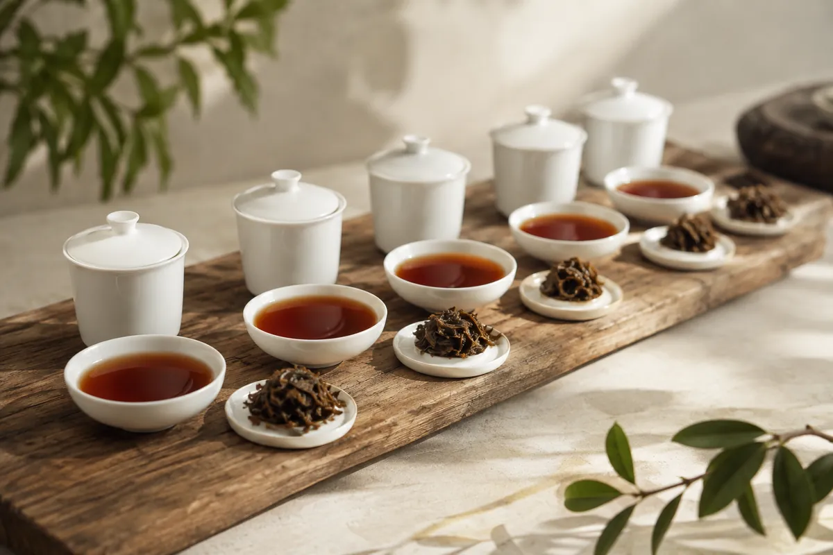 A row of white lidded tasting pots and matching tasting bowls on a wooden bench, each bowl holding dark amber liquor with spent leaf beside it