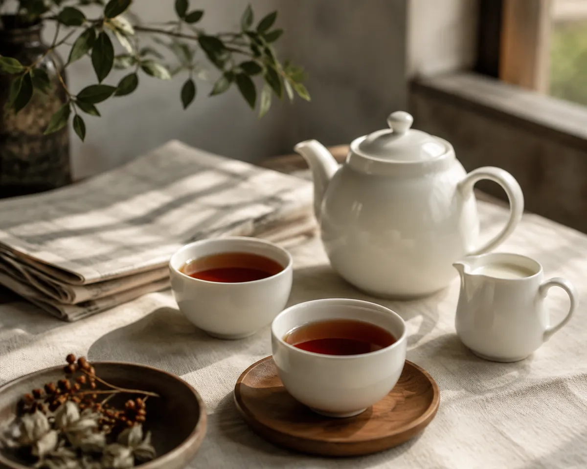 A white porcelain teapot, a milk jug and two filled cups of dark amber tea set out on a linen cloth in morning light