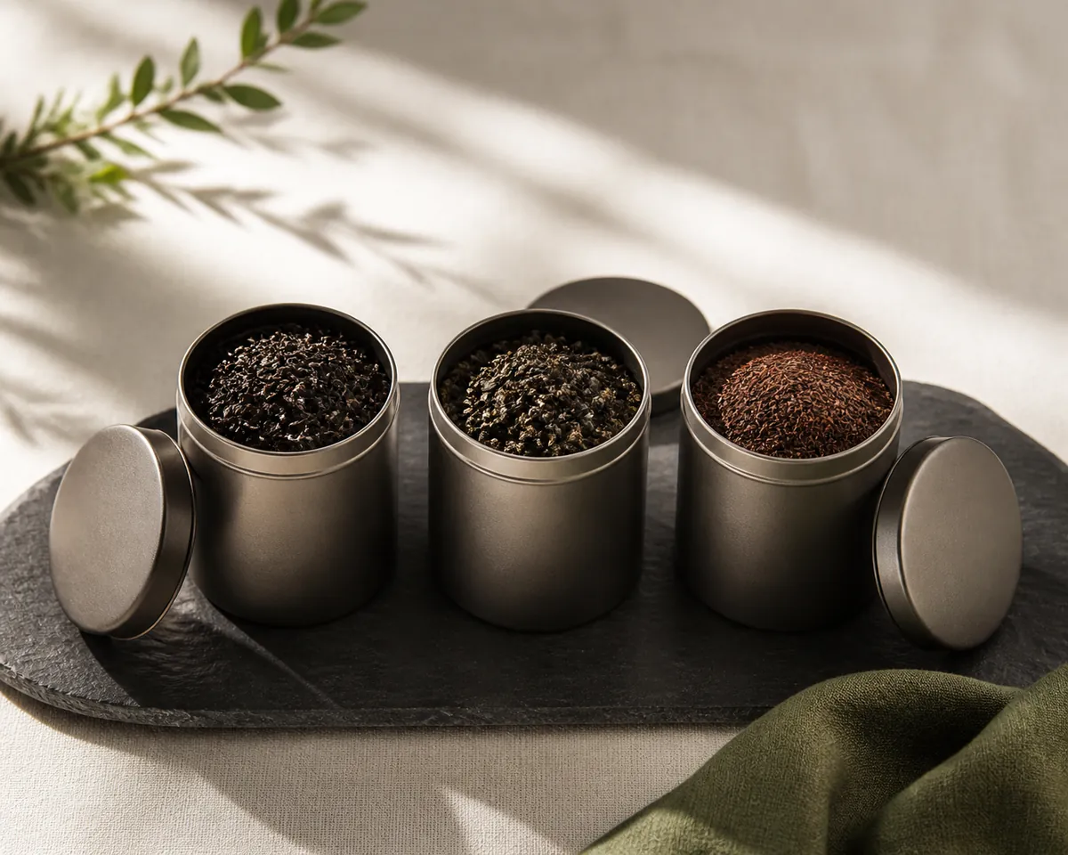 Three unlabelled tea caddies standing open in a row on a slate surface, each holding dry black leaf of a visibly different size and colour