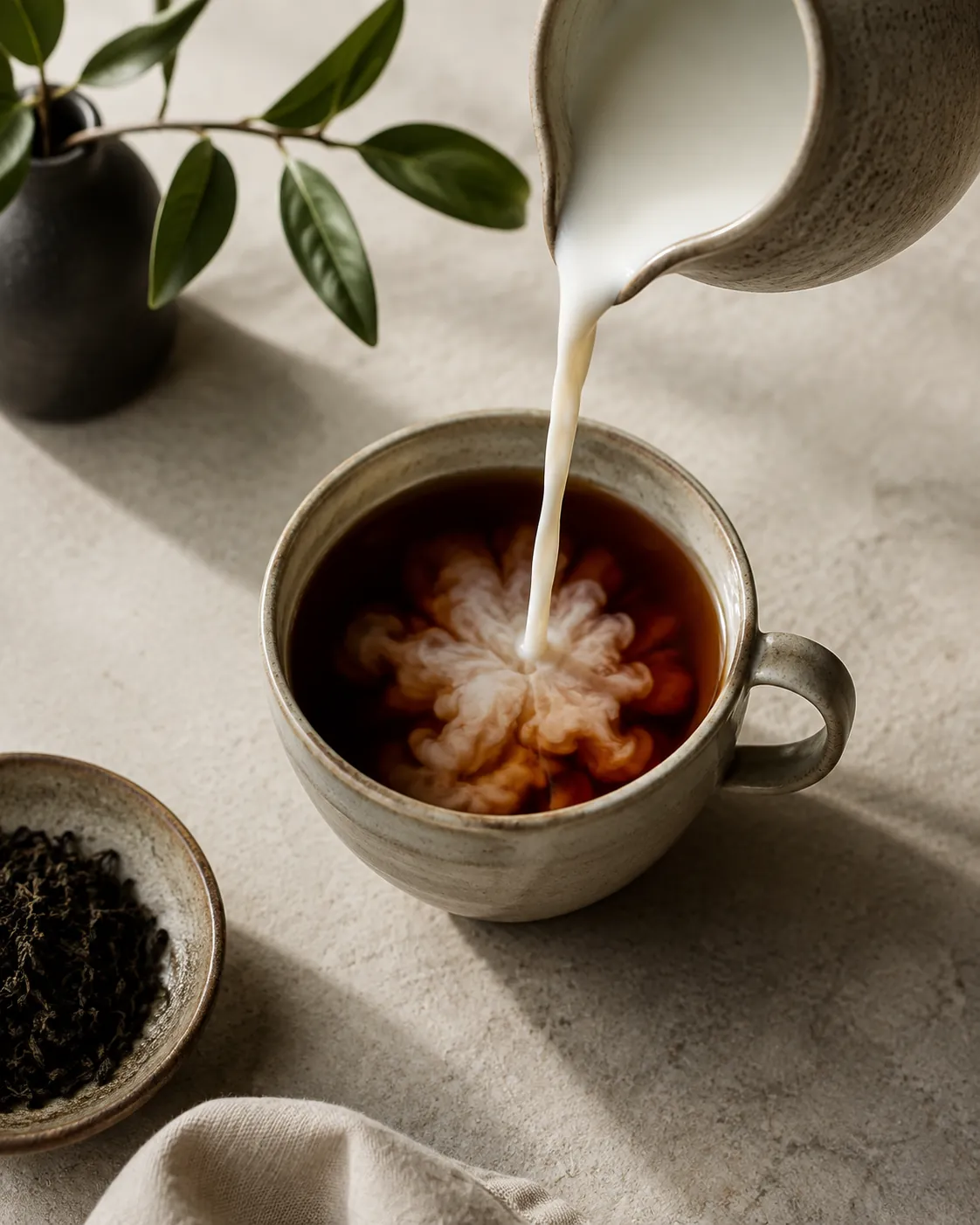 A stream of milk falling into a mug of very dark tea and blooming into a pale cloud through the liquor