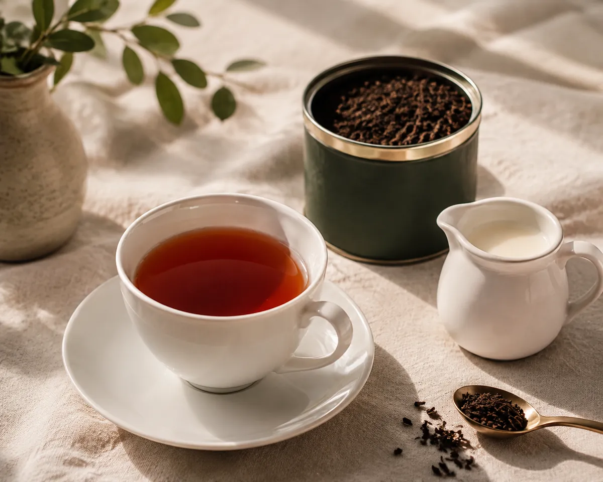 A white porcelain cup of strong amber English Breakfast tea beside an open caddy of dark broken leaf and a small milk jug
