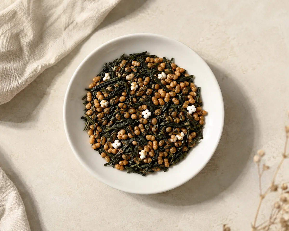 A shallow dish of dry genmaicha, dark green needle-shaped leaf and tan roasted rice grains mixed in roughly equal parts