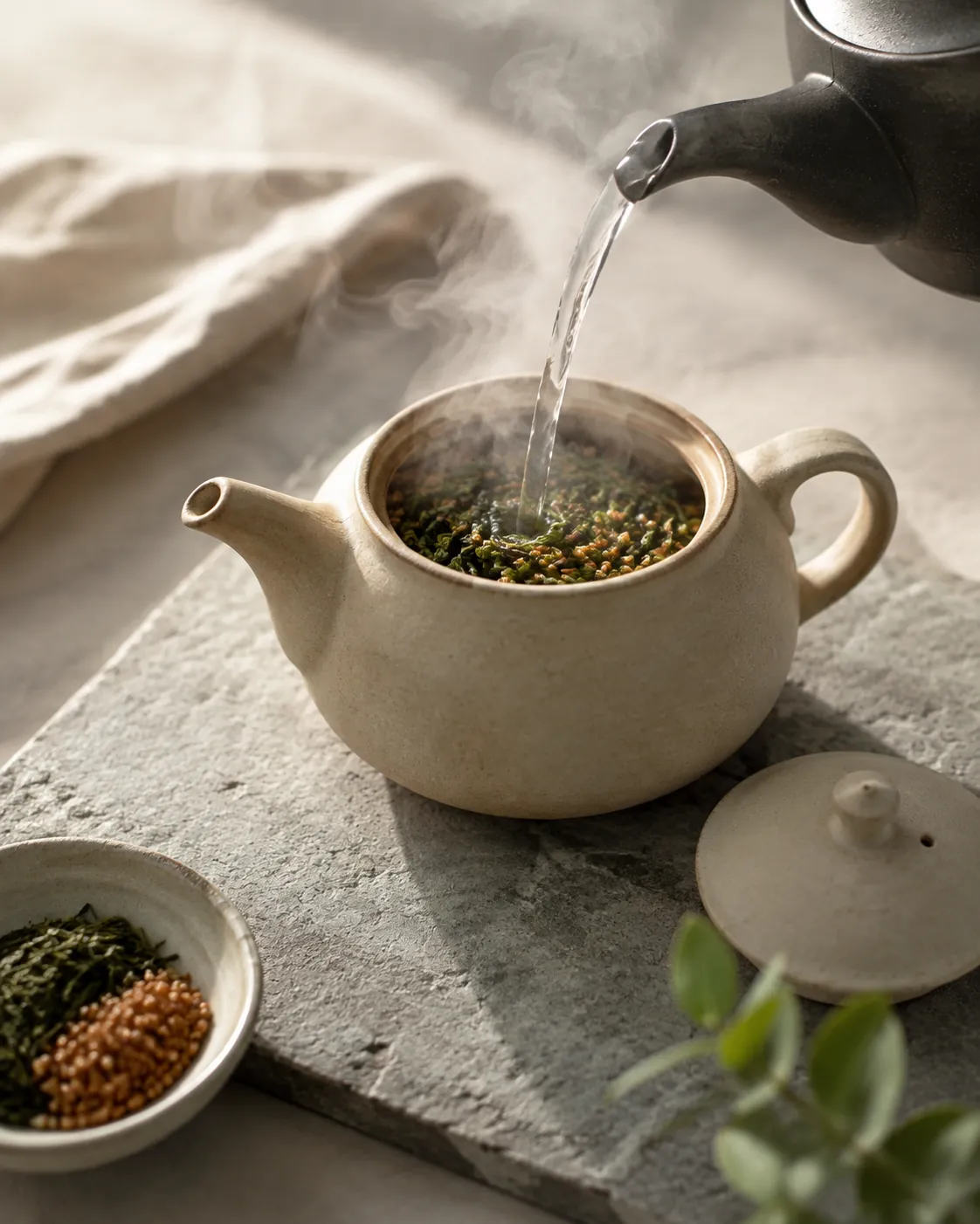 Hot water pouring from a kettle into a squat ceramic teapot holding green leaf and roasted rice, steam rising