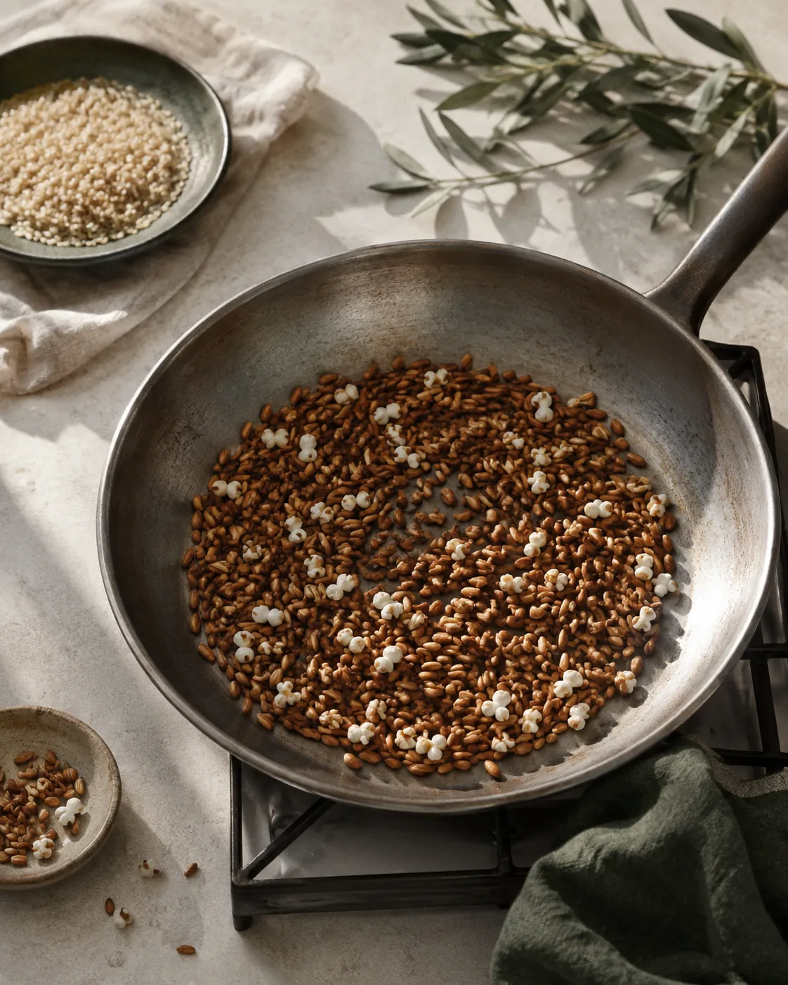 Brown rice grains in a dry steel frying pan over a hob, most deep tan and a few burst open white