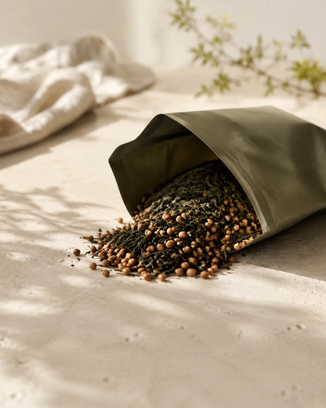 An opened foil pouch of genmaicha tipped on its side, dark green needle leaf and tan roasted rice grains spilling out together