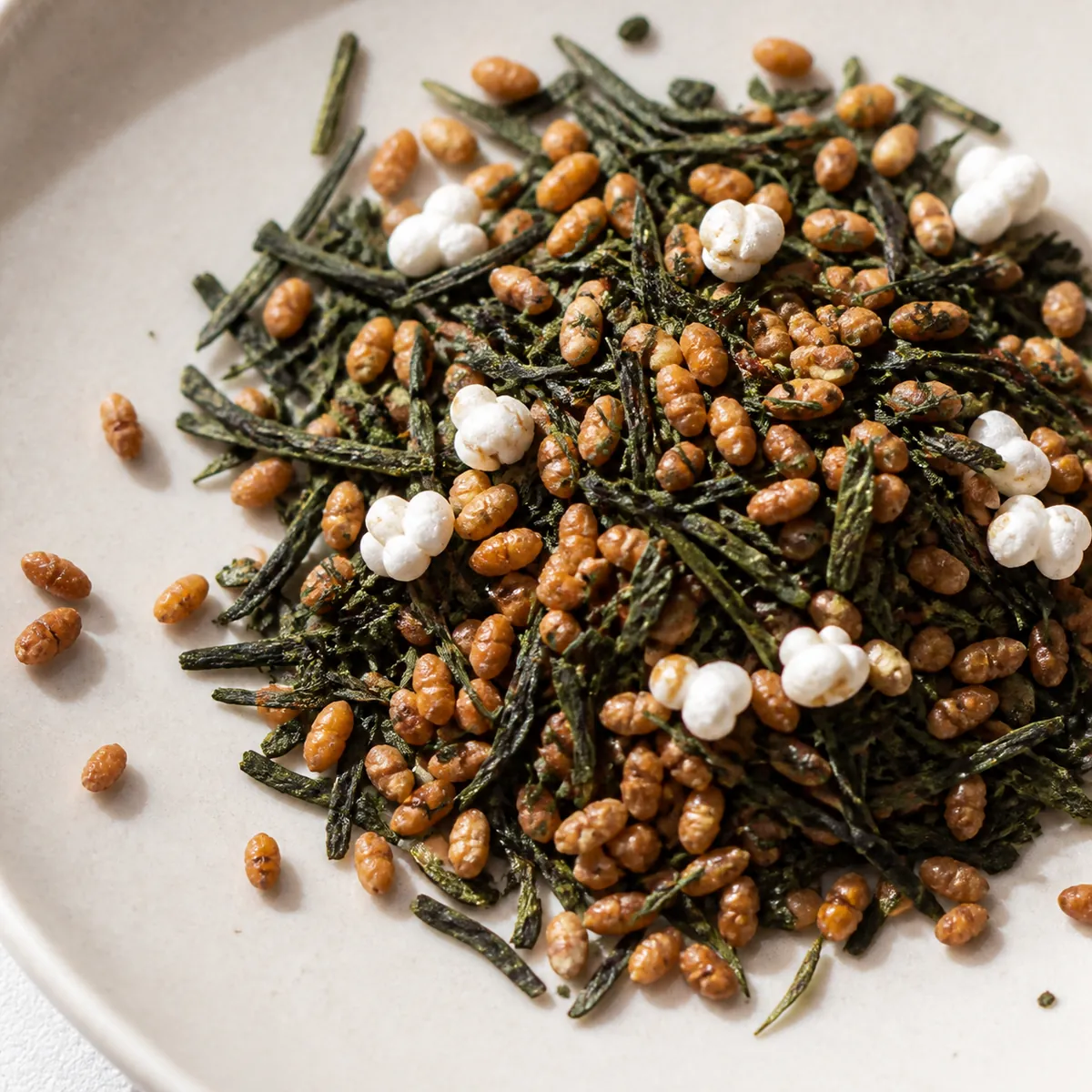 Green tea leaves mixed with roasted brown rice grains and a few popped white kernels