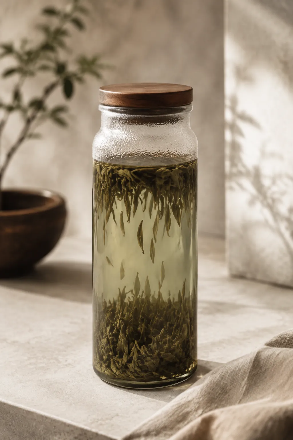 A glass jar of pale green cold-brewed tea with whole leaves suspended in it and settled on the bottom, condensation on the outside