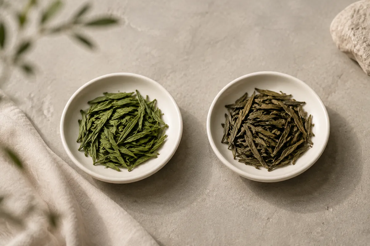 Two shallow dishes of dry green tea side by side, the left leaf vivid green and the right faded to a dull brown-green