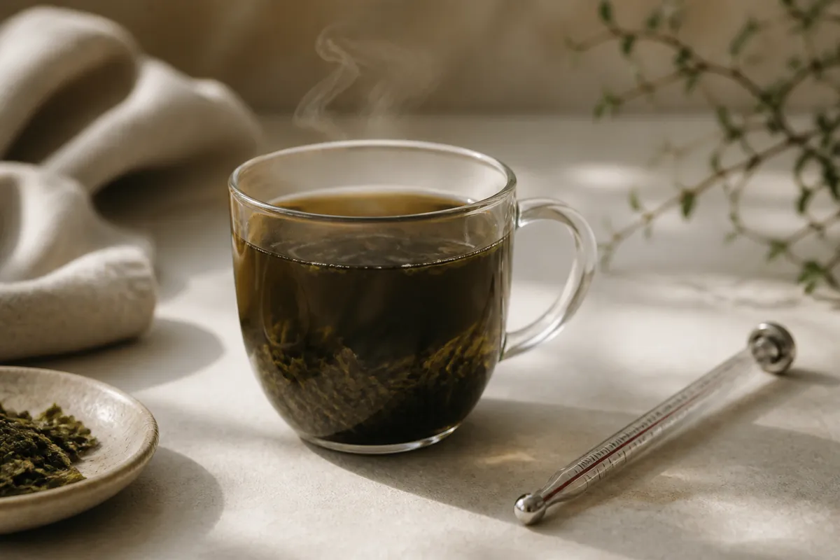 A cup of green tea being steeped