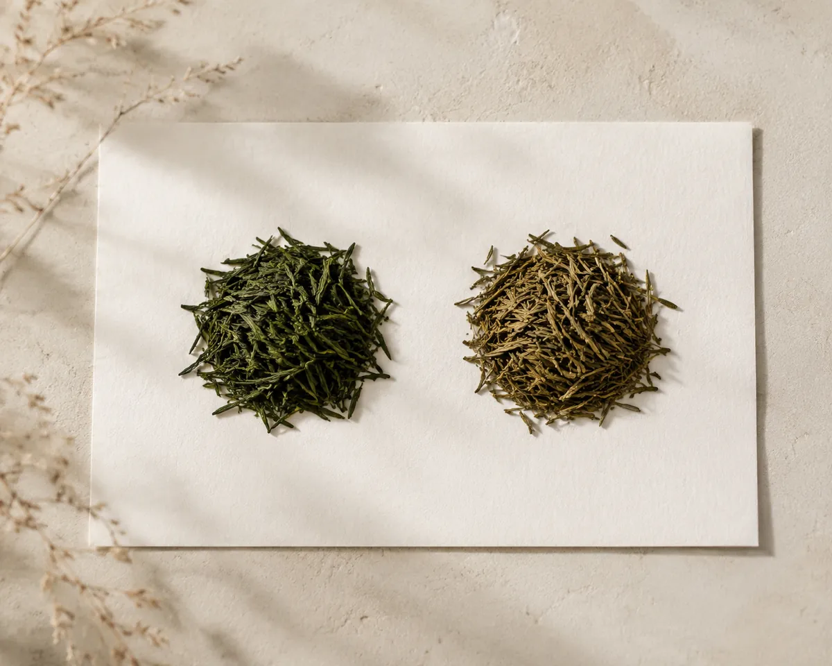 Two small heaps of dry green tea on white paper, the left bright deep green and the right dulled to a yellow-brown olive