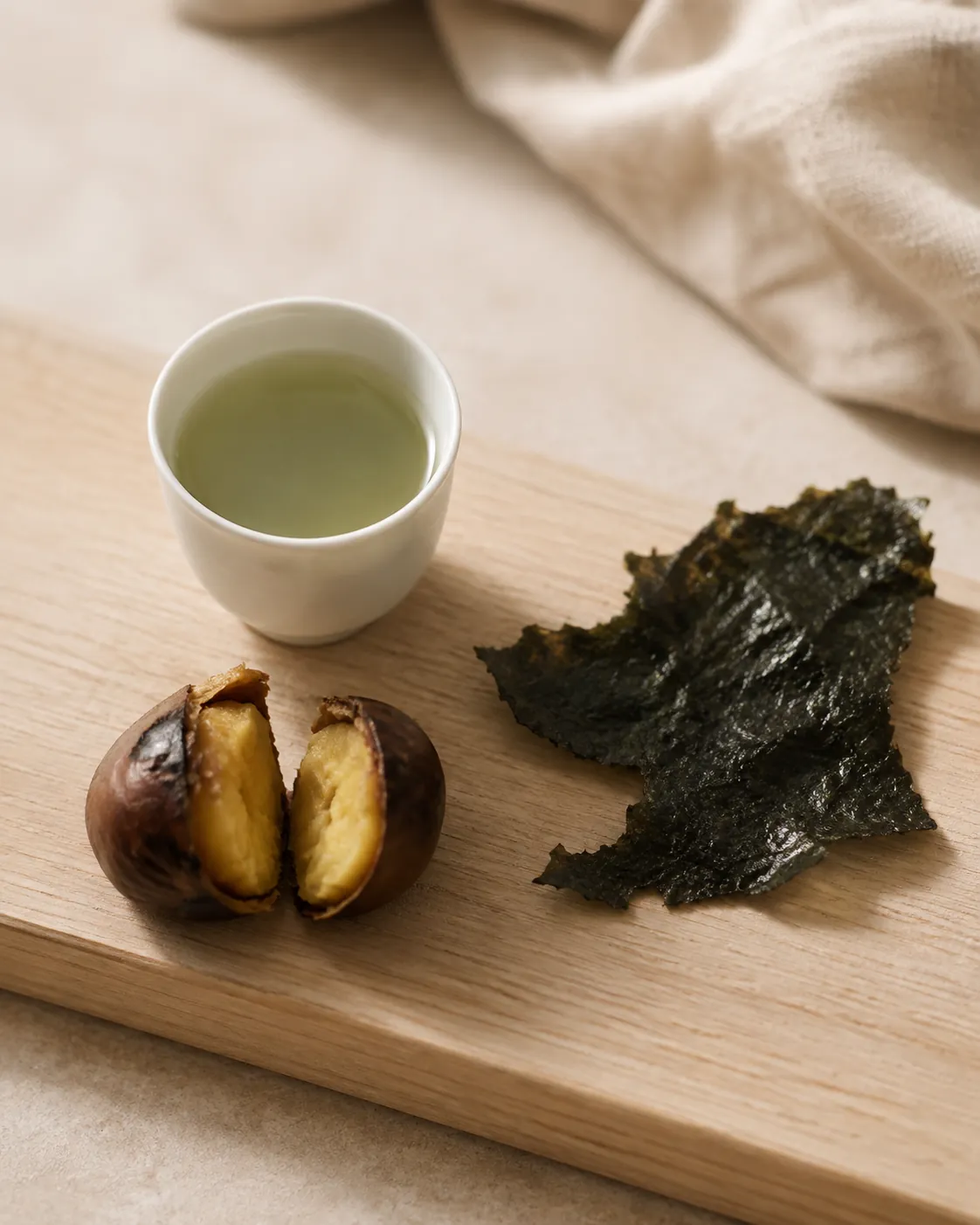 A small cup of cloudy jade green tea on a board with a split roasted chestnut and a torn sheet of dark dried seaweed beside it