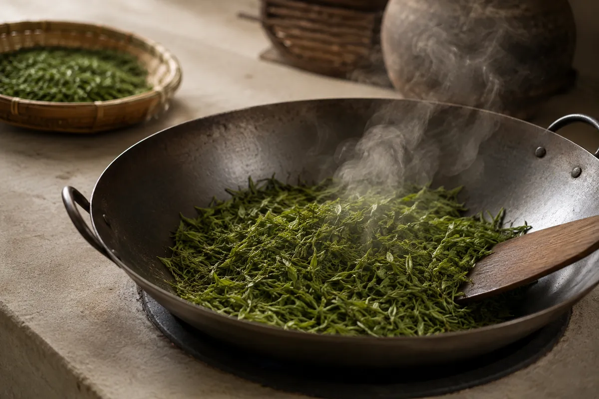 Fresh green tea leaves being turned in a wide steel wok over heat, a little steam lifting off them