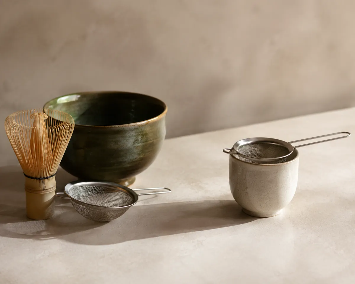 A small sieve, wide bowl and bamboo whisk grouped on the left, a mesh strainer and a plain cup on the right